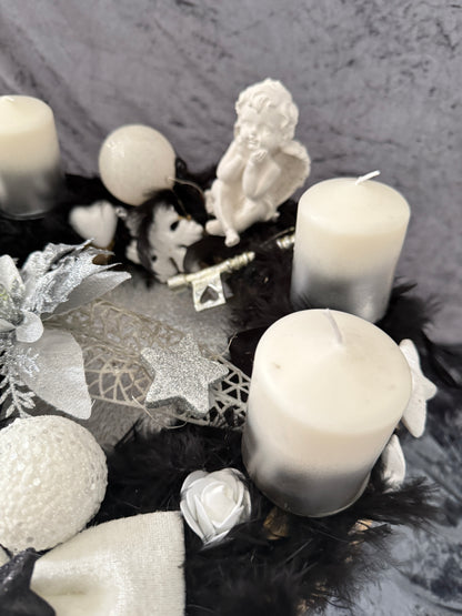 Adventskranz Federkranz schwarz weiß