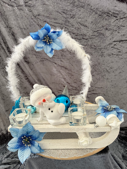 Adventskranz Schlitten weiß blau