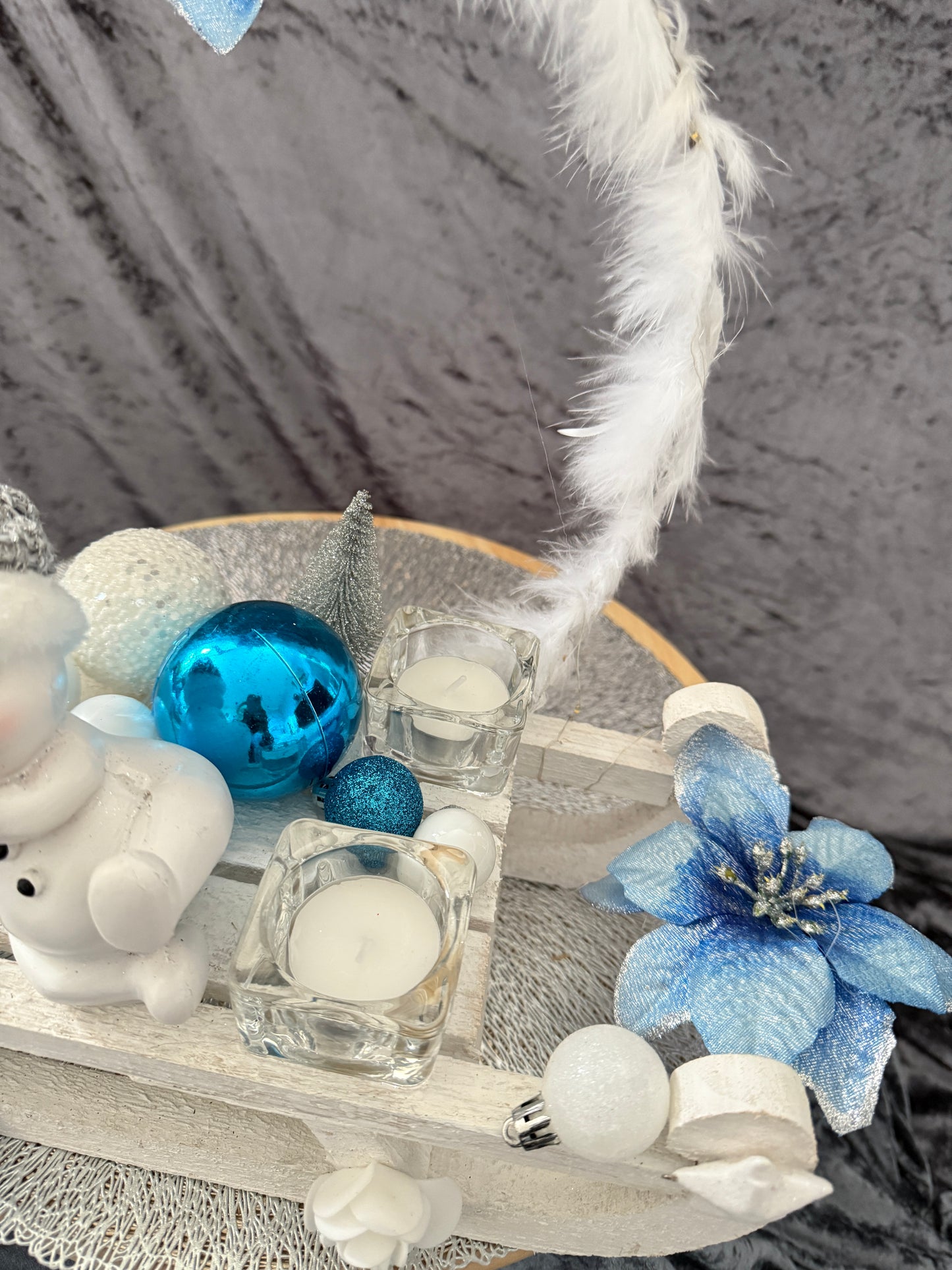 Adventskranz Schlitten weiß blau