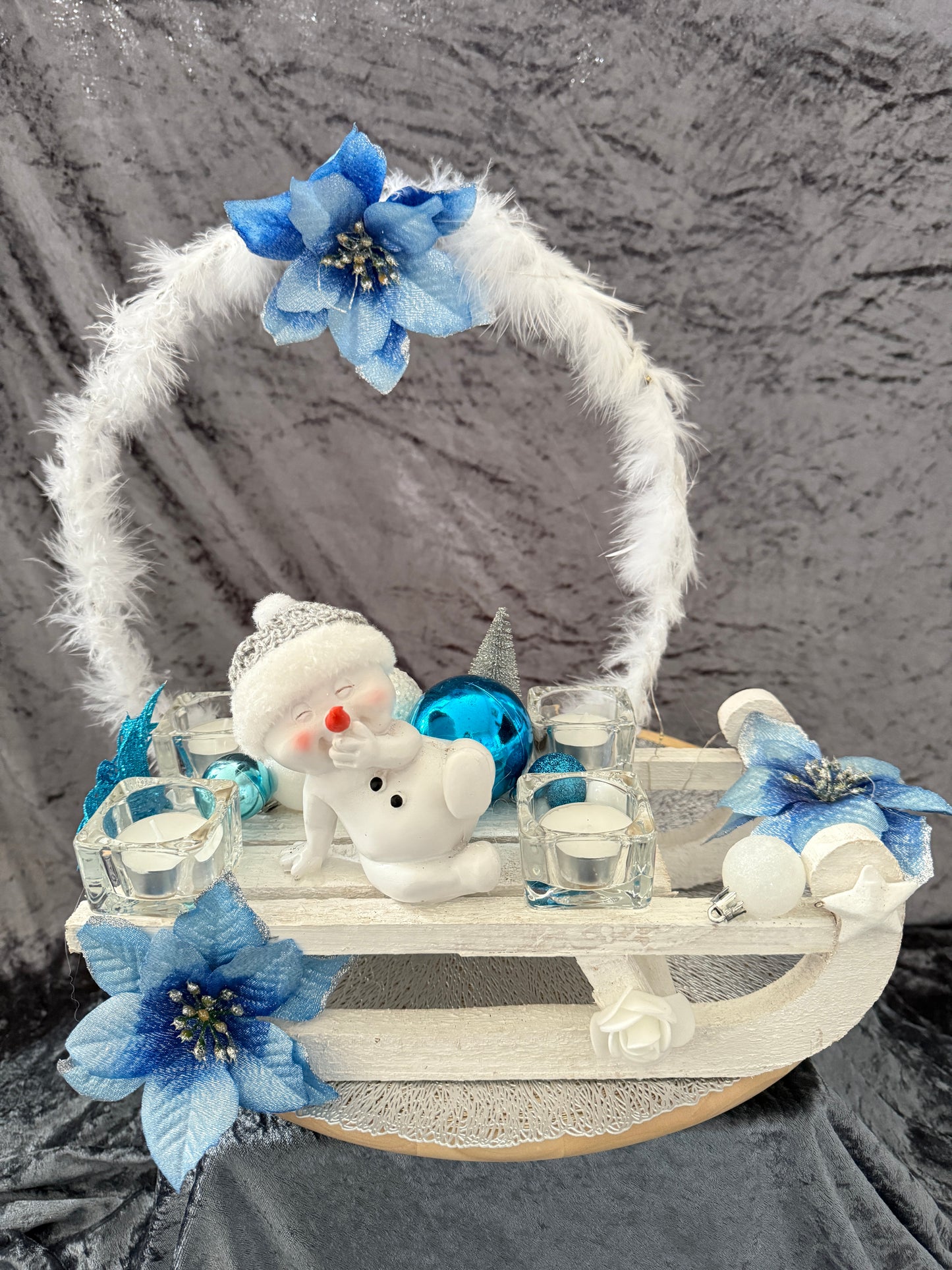 Adventskranz Schlitten weiß blau