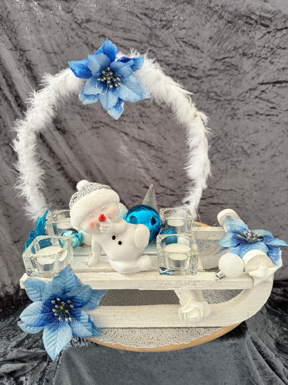 Adventskranz Schlitten weiß blau