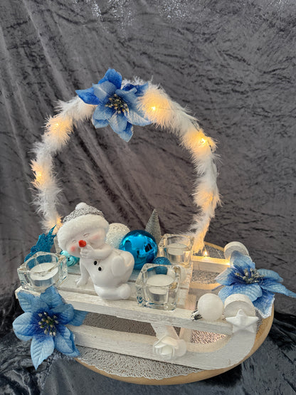 Adventskranz Schlitten weiß blau