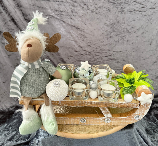 Adventskranz Schlitten gold grün weiß