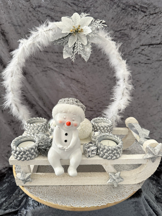 Adventskranz Schlitten weiß silber