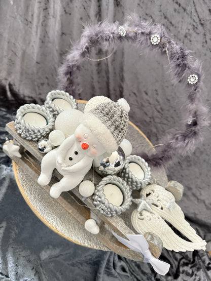 Adventskranz Schlitten silber weiß