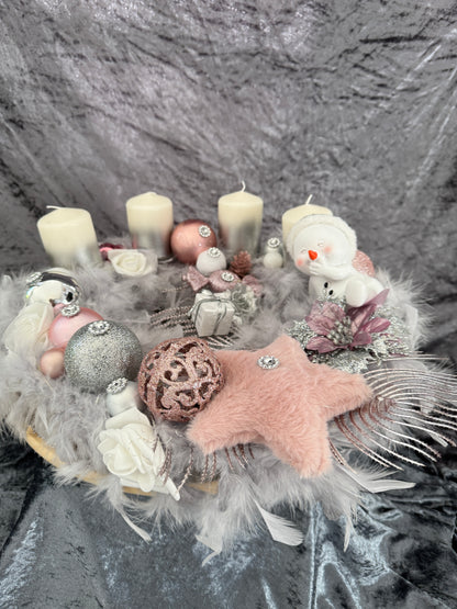 Adventskranz Federkranz grau rosa