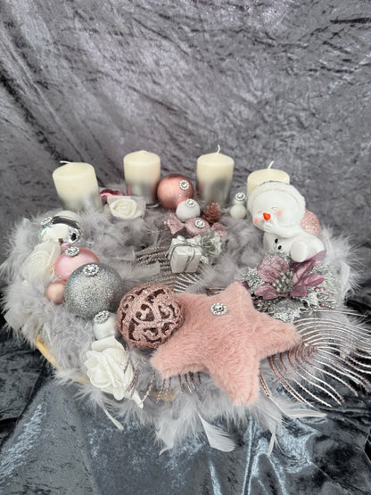Adventskranz Federkranz grau rosa