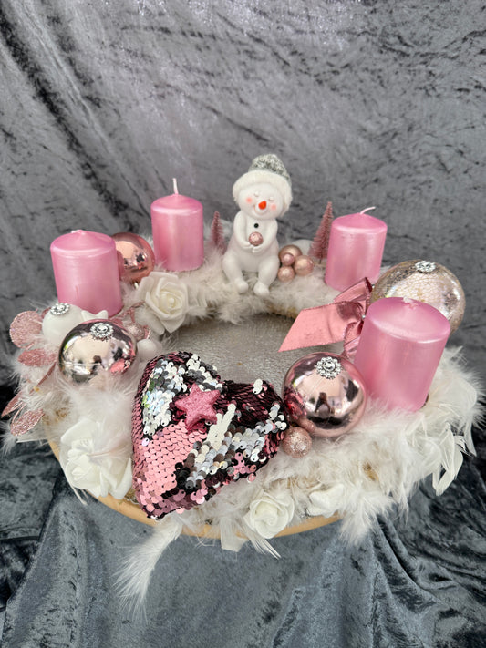 Adventskranz Federkranz weiß rosa