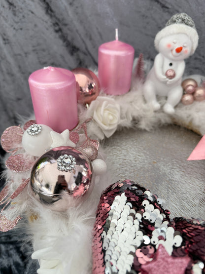 Adventskranz Federkranz weiß rosa