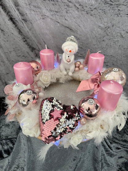 Adventskranz Federkranz weiß rosa