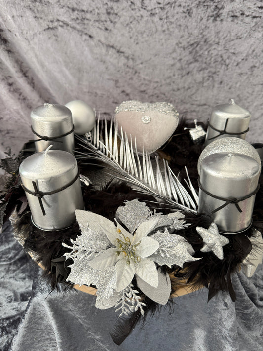 Adventskranz Federkranz schwarz silber