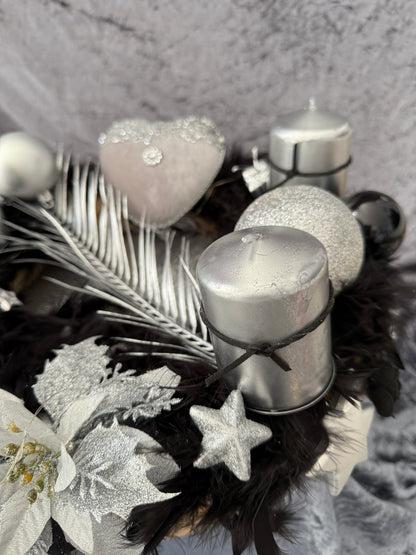 Adventskranz Federkranz schwarz silber