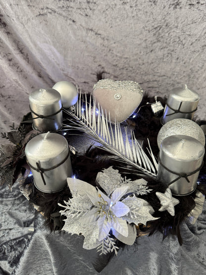 Adventskranz Federkranz schwarz silber