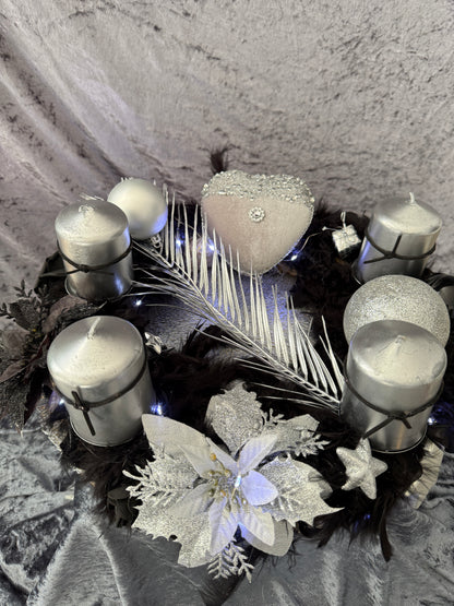 Adventskranz Federkranz schwarz silber
