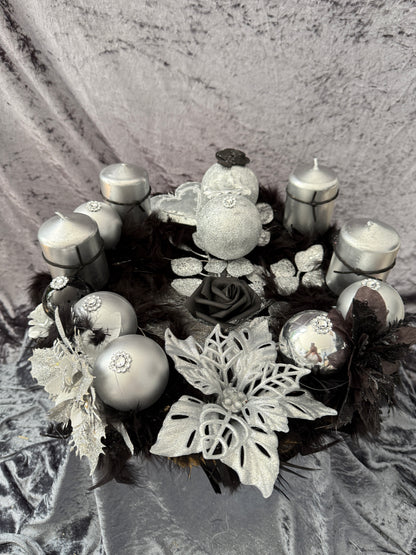 Adventskranz Federkranz schwarz silber