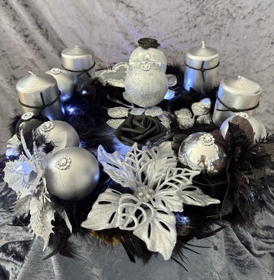 Adventskranz Federkranz schwarz silber