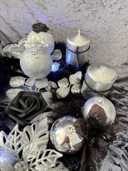 Adventskranz Federkranz schwarz silber