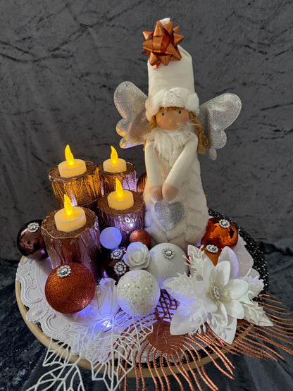 Adventskranz weiß kupfer Engel