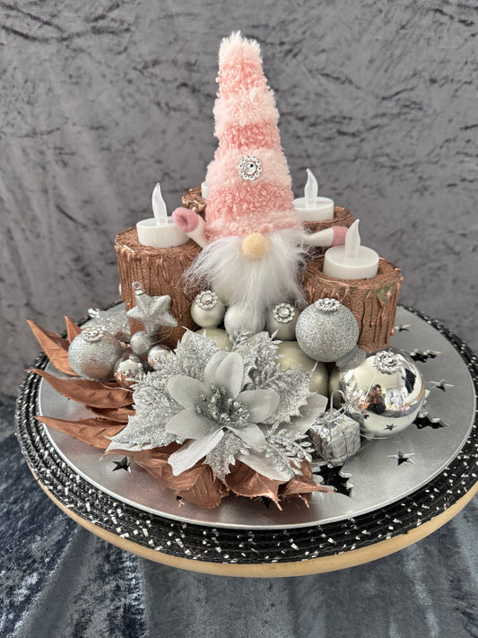 Adventskranz silber rosa Wichtel