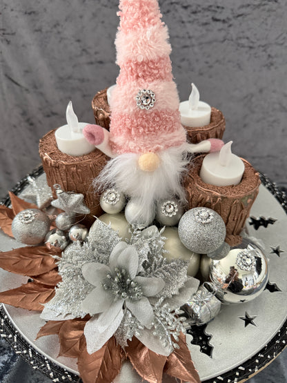 Adventskranz silber rosa Wichtel