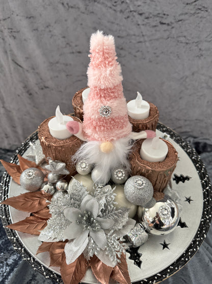 Adventskranz silber rosa Wichtel