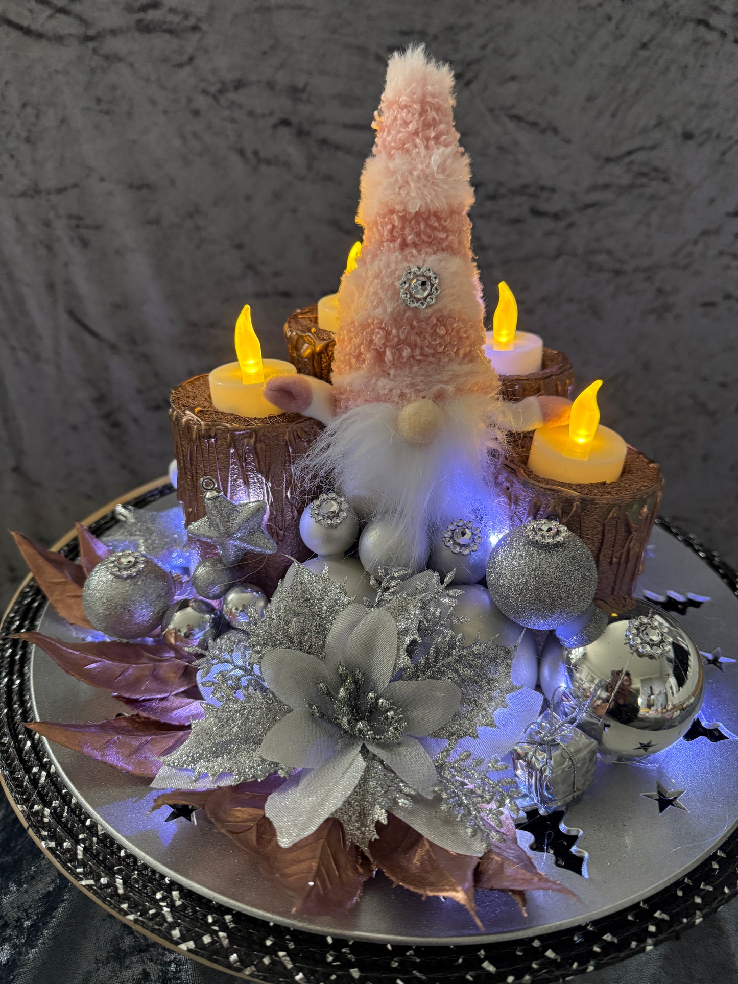 Adventskranz silber rosa Wichtel