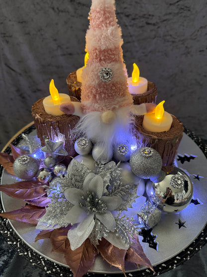 Adventskranz silber rosa Wichtel