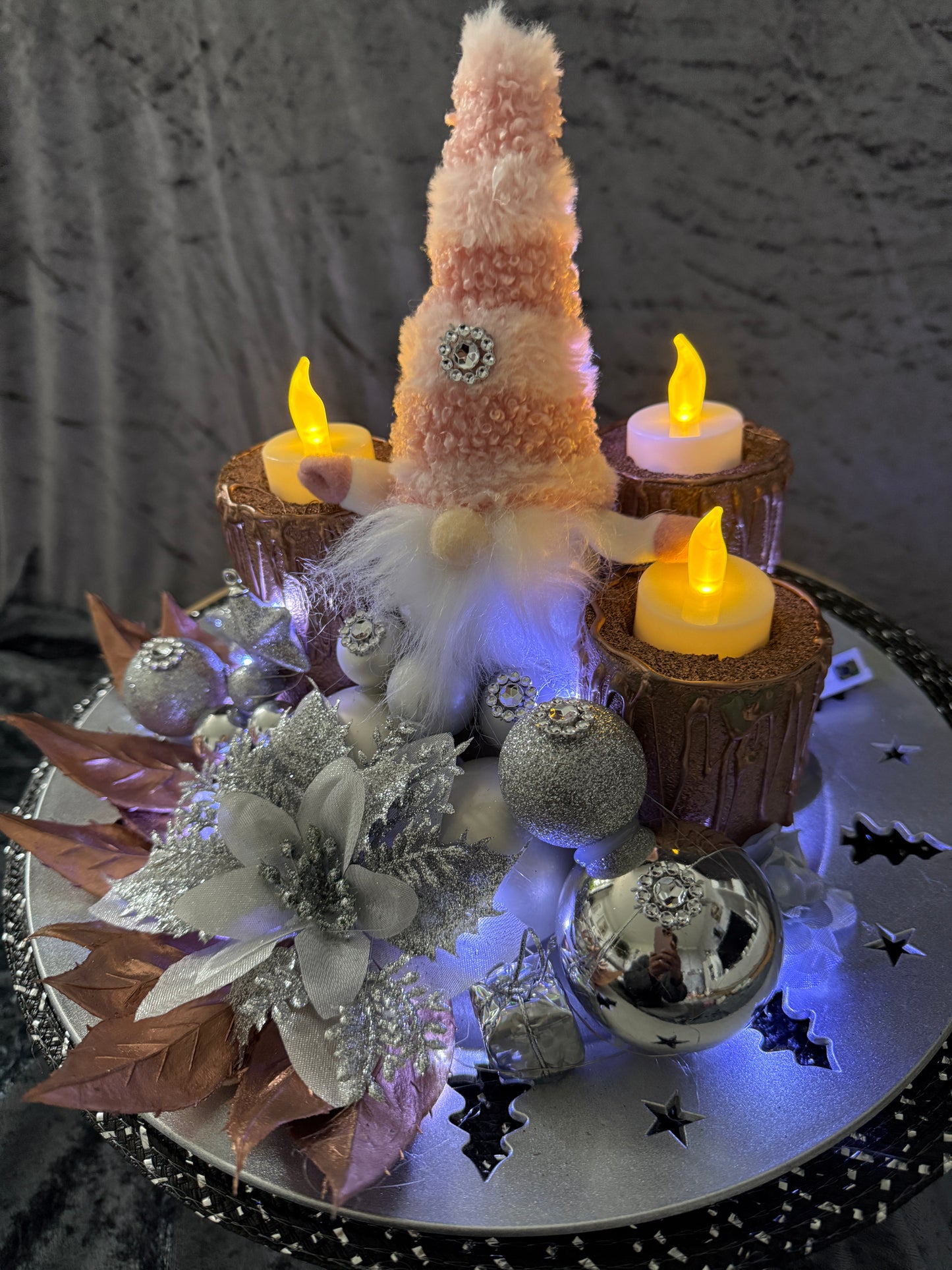 Adventskranz silber rosa Wichtel