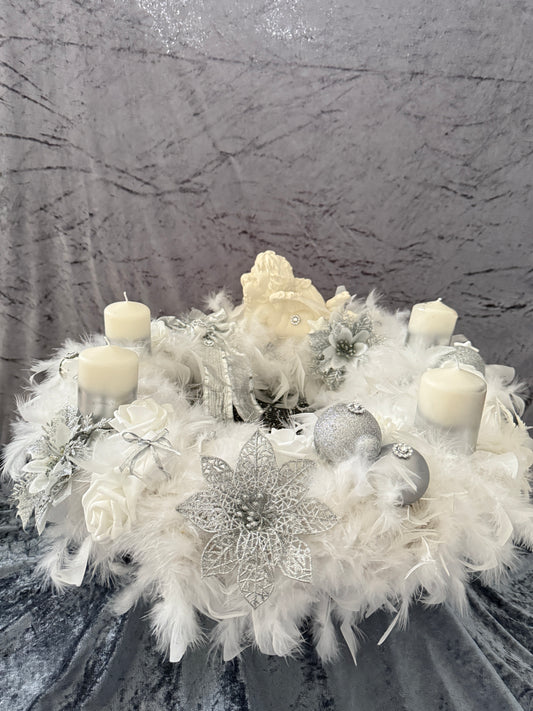 XXL Adventskranz Federkranz 65 cm weiß silber