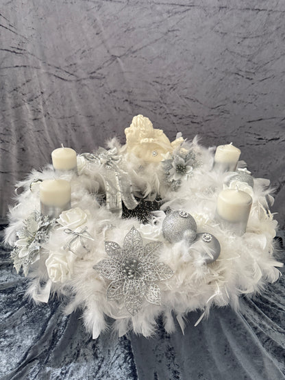 XXL Adventskranz Federkranz 65 cm weiß silber