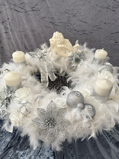 XXL Adventskranz Federkranz 65 cm weiß silber