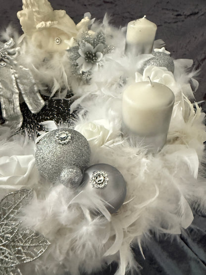 XXL Adventskranz Federkranz 65 cm weiß silber