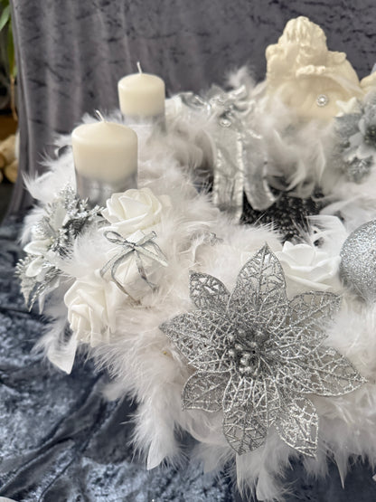 XXL Adventskranz Federkranz 65 cm weiß silber