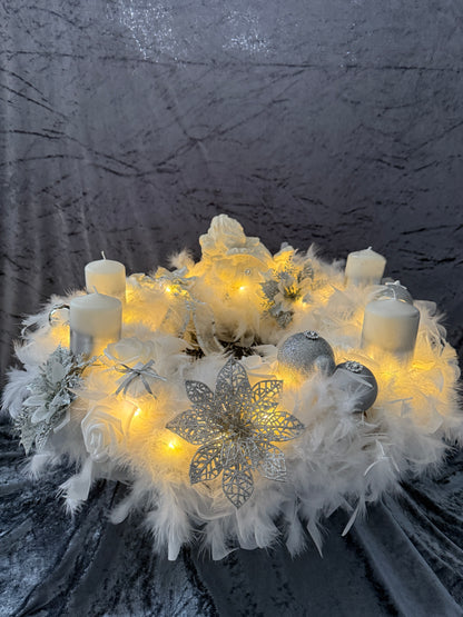 XXL Adventskranz Federkranz 65 cm weiß silber