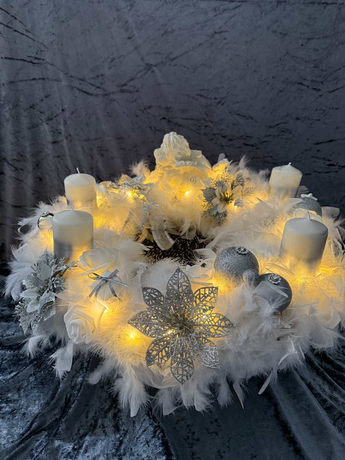 XXL Adventskranz Federkranz 65 cm weiß silber