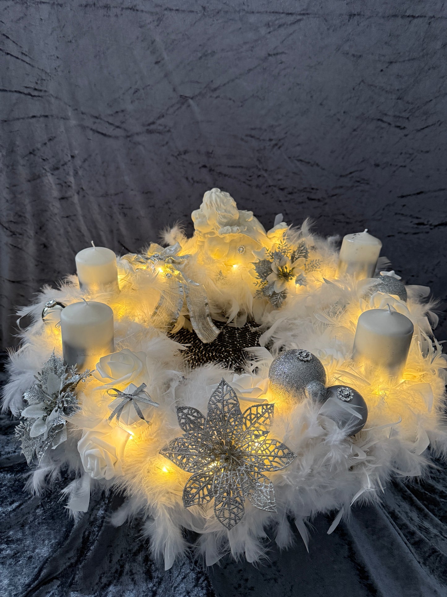 XXL Adventskranz Federkranz 65 cm weiß silber