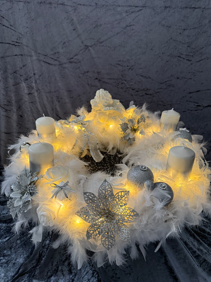 XXL Adventskranz Federkranz 65 cm weiß silber