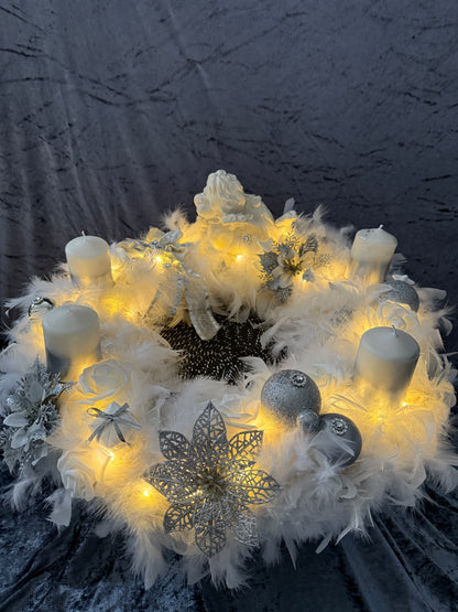 XXL Adventskranz Federkranz 65 cm weiß silber