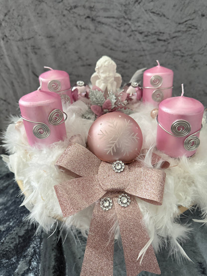 Adventskranz Federkranz weiß rosa