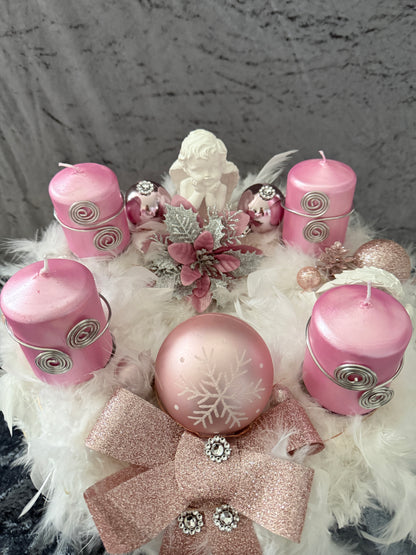 Adventskranz Federkranz weiß rosa