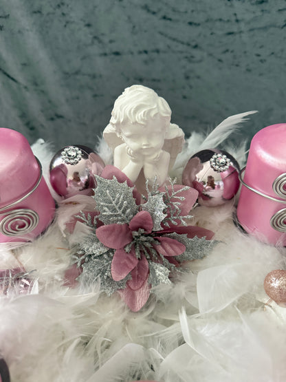 Adventskranz Federkranz weiß rosa