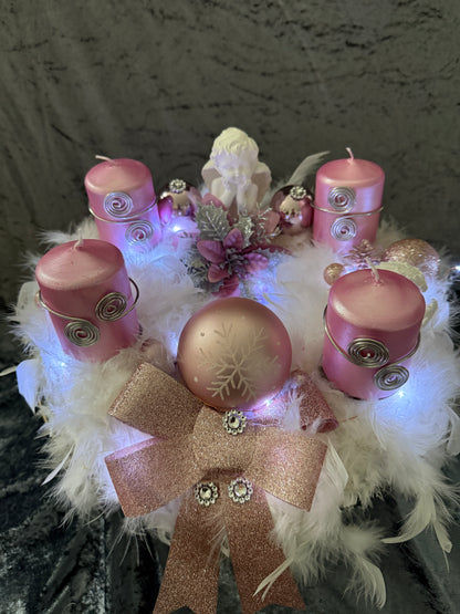 Adventskranz Federkranz weiß rosa