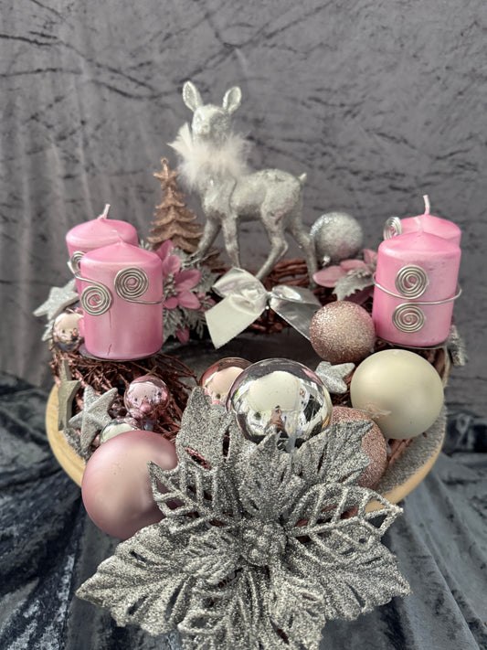 Adventskranz Holzkranz rosa silber