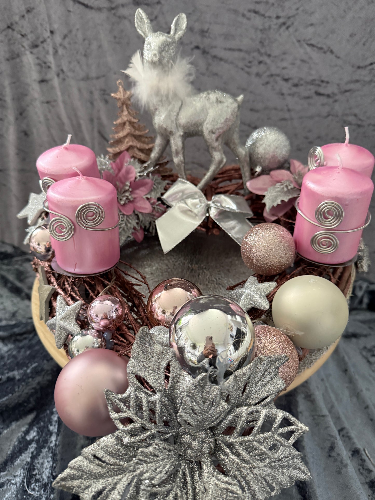 Adventskranz Holzkranz rosa silber