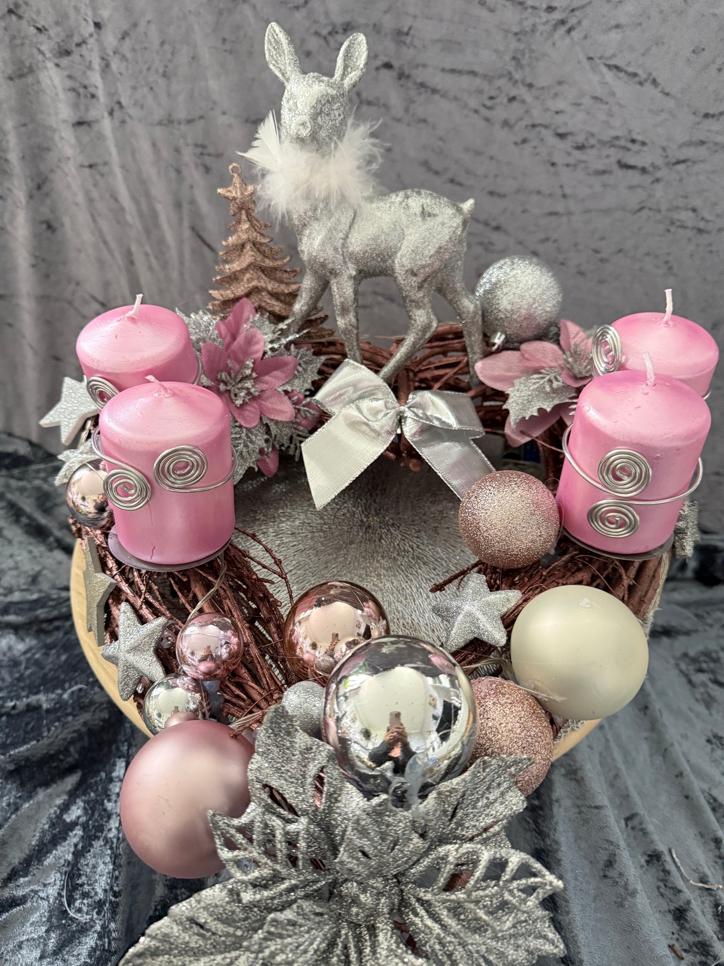 Adventskranz Holzkranz rosa silber