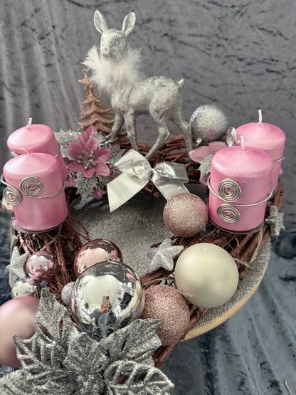 Adventskranz Holzkranz rosa silber