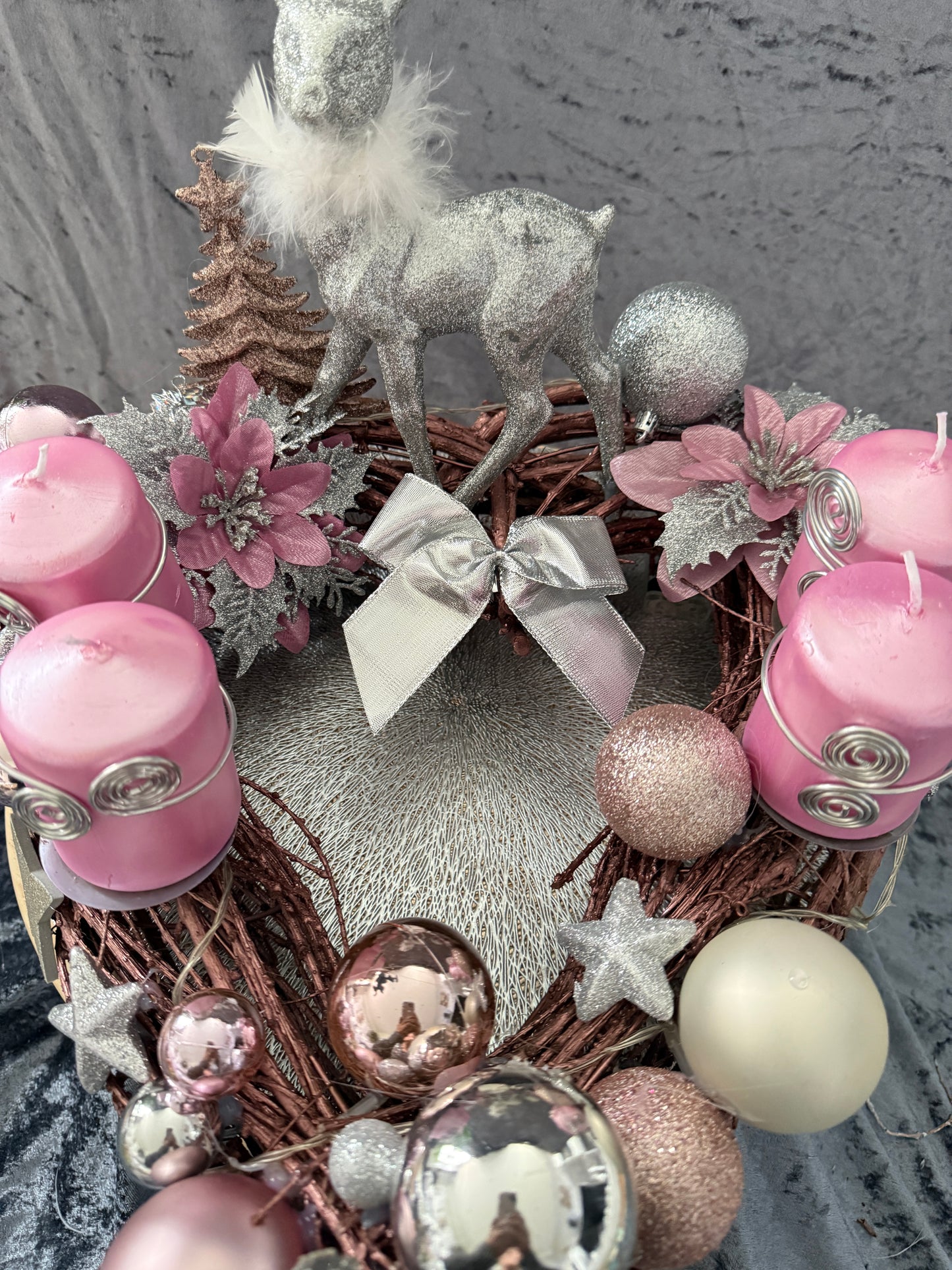 Adventskranz Holzkranz rosa silber