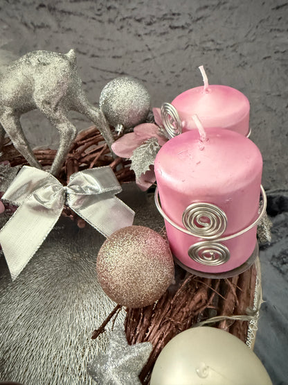 Adventskranz Holzkranz rosa silber