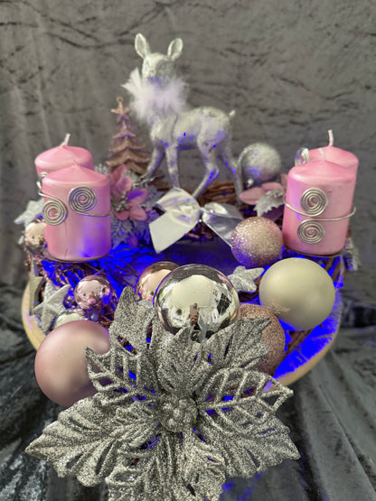 Adventskranz Holzkranz rosa silber