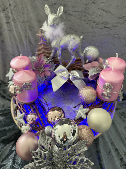 Adventskranz Holzkranz rosa silber